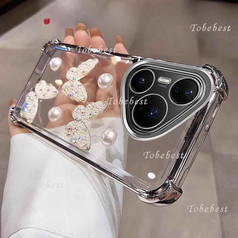 3D Perleťový Motýl Nárazuvzdorný Pokovený Silikonový Kryt pro Huawei Pura 80 70 Ultra P60 P50 P40 P30 Lite Pro Průhledný Zadní Kryt