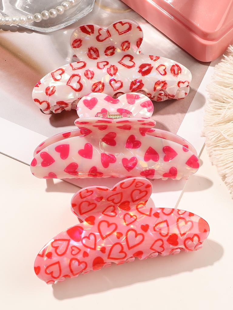 Valentine's Day Half Round Thick Hair Clips,Women's Hair Clips with Red Heart Pattern, Non-Slip Hair Clips Valentine's Day Gift