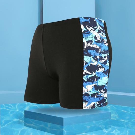 Inner Drawstring Mid-rise Swimming Trunks with Lining Streamlined Design Elastic Waistband Men Shark Print Stitching Swim Shorts Beachwear