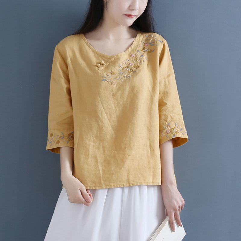 Λογοτεχνική Καλλιτεχνική Μικρή Φρέσκα φαρδιά, στρογγυλή λαιμόκοψη, βαμβακερή μονόχρωμη μπλούζα γυναικεία με τρία τέταρτα μανίκια Άνοιξη Καλοκαίρι κοντό μπλουζάκι