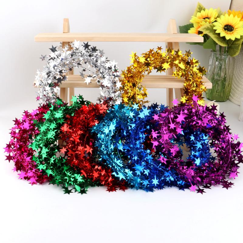 2Pcs Christmas Tree Pendant Wire Glitter Five-pointed Star Garland Home Decoration with Pull Flower Zipper Leaf