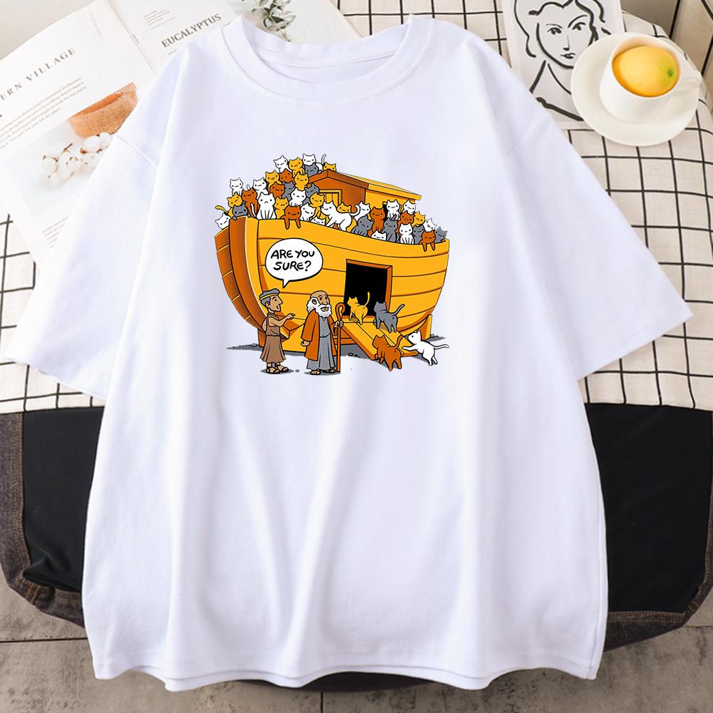 Cartoons Style Noah's Ark Cat Print Womens Tshirts Simple Oversize T-Shirts Fashion Loose Tops Soft Breathable T-Shirt for Women