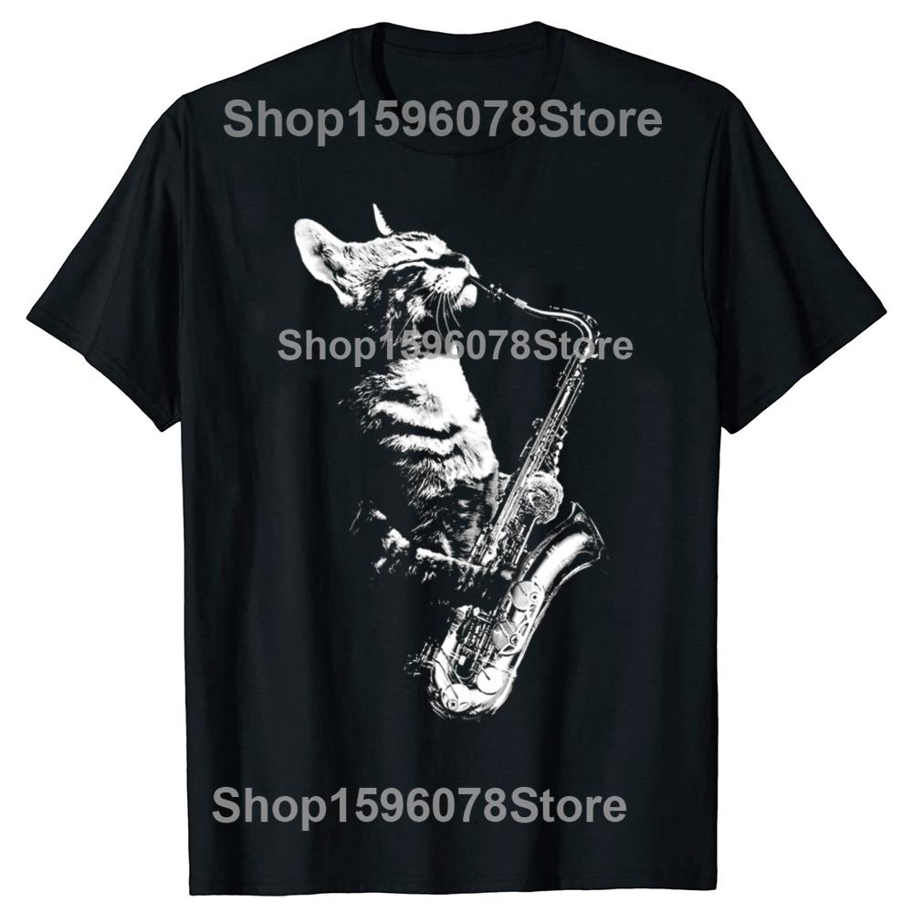 Funny Cat Playing Saxophone Cat Jazz Sax Music Saxophonist T Shirts Cotton Humor Tee Shirt Short Sleeve Unisex Loose Clothing
