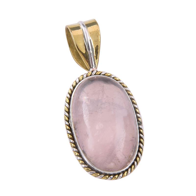Natural Rose Quartz 925 Solid Sterling Silver Jewelry TwoTone Pendant 1.25" G2M87