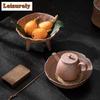 Handmade Coarse Pottery Tripodia Pot Bearing Holder Retro Dry Brew Table Tea Tray Fruit Snack Plate Teaware Supplies Decoration