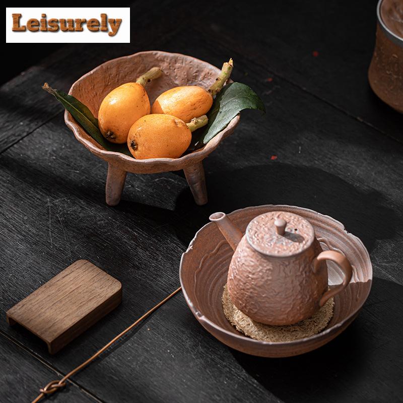 Handmade Coarse Pottery Tripodia Pot Bearing Holder Retro Dry Brew Table Tea Tray Fruit Snack Plate Teaware Supplies Decoration