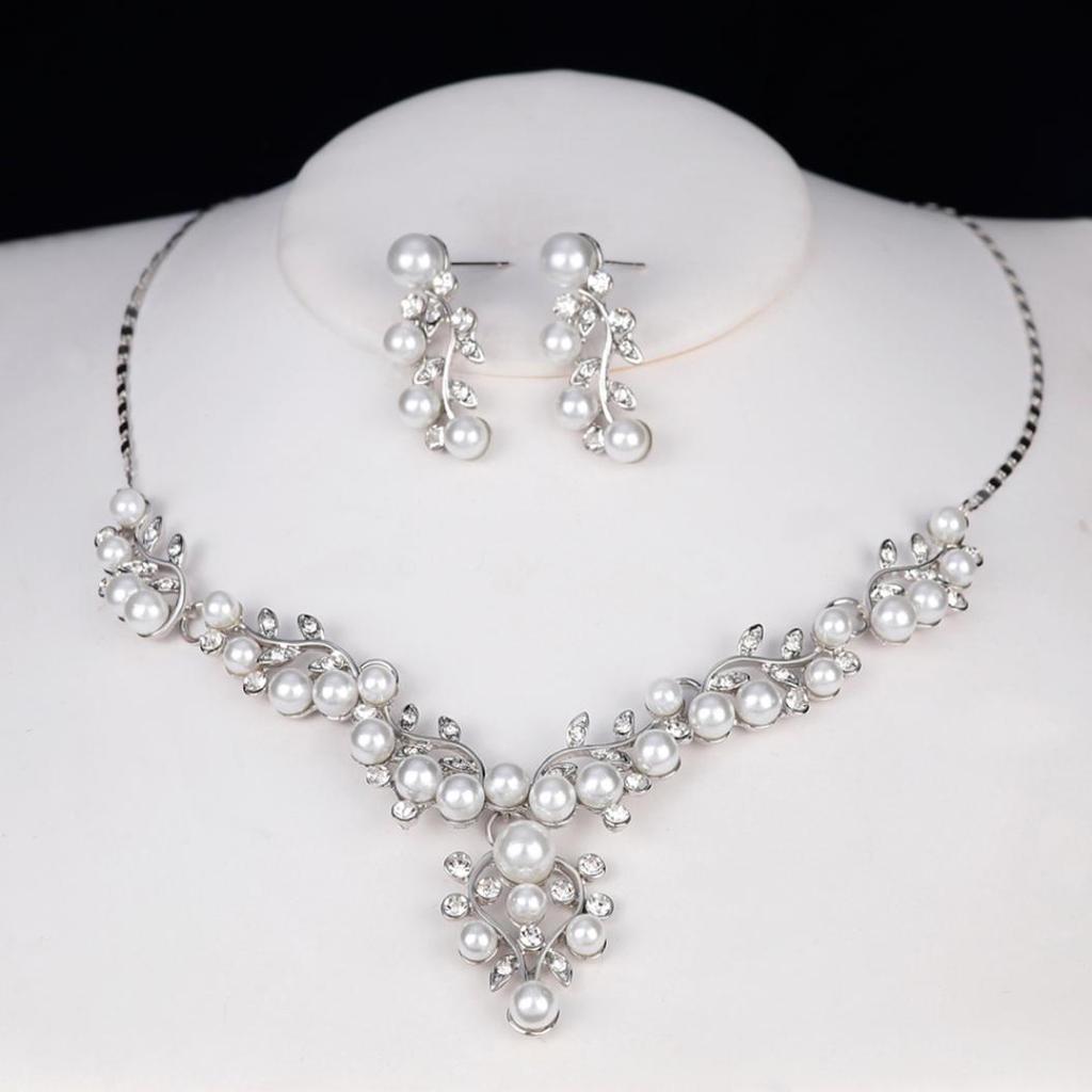 Kvinnor Elegant Faux Pearl Rhinestone lämnar halsband örhängen Bröllop smycken Set