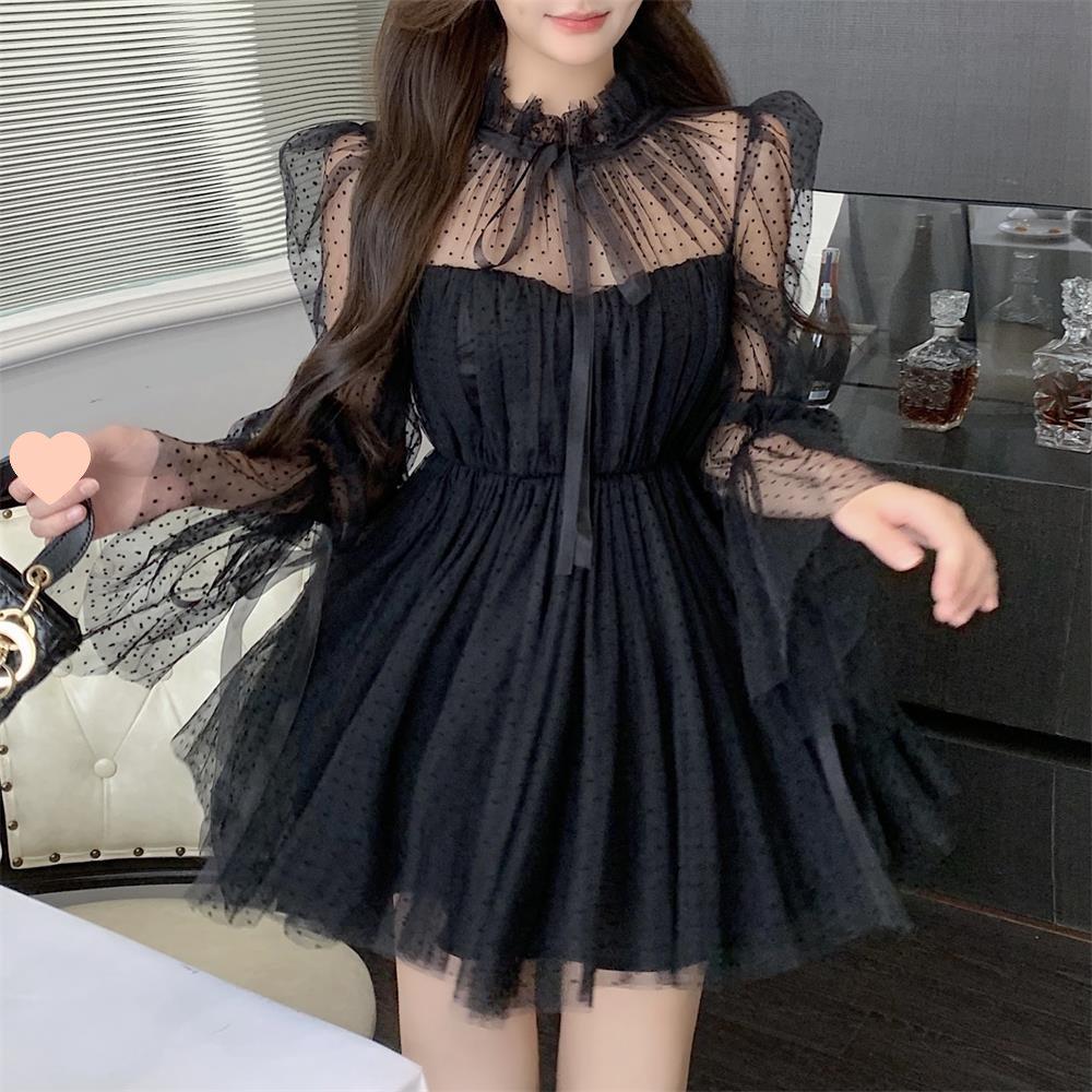 Damen trägerloses gepunktetes Mesh Langarm Puffkleid - Schlankmachende Taille, Frühling/Herbst Mode