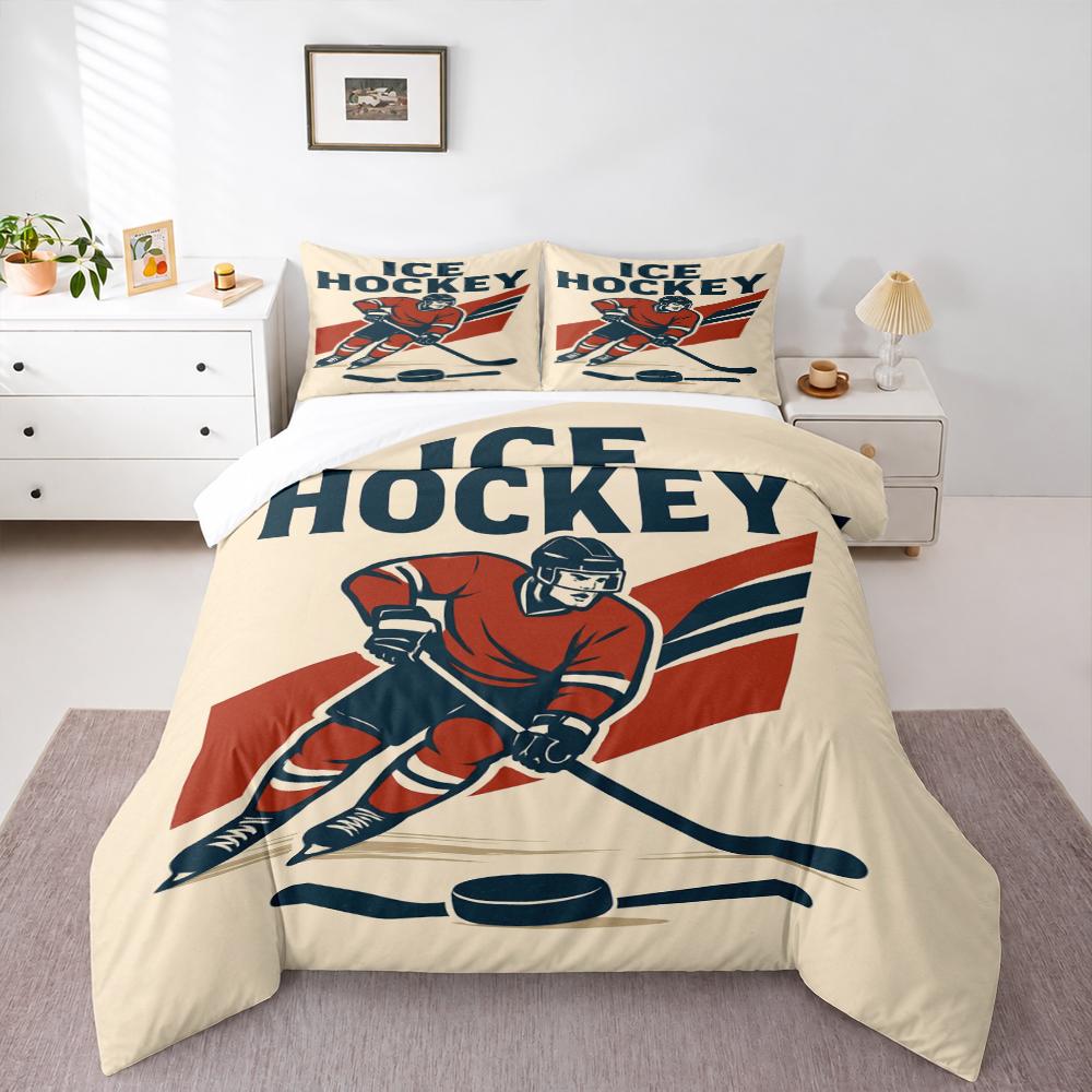 Vintage Ice Hockey Player Bedding set (1 duvet cover, 2 pillowcases, duvet not included), Retro Red Jersey Puck Sports Poster Art Print