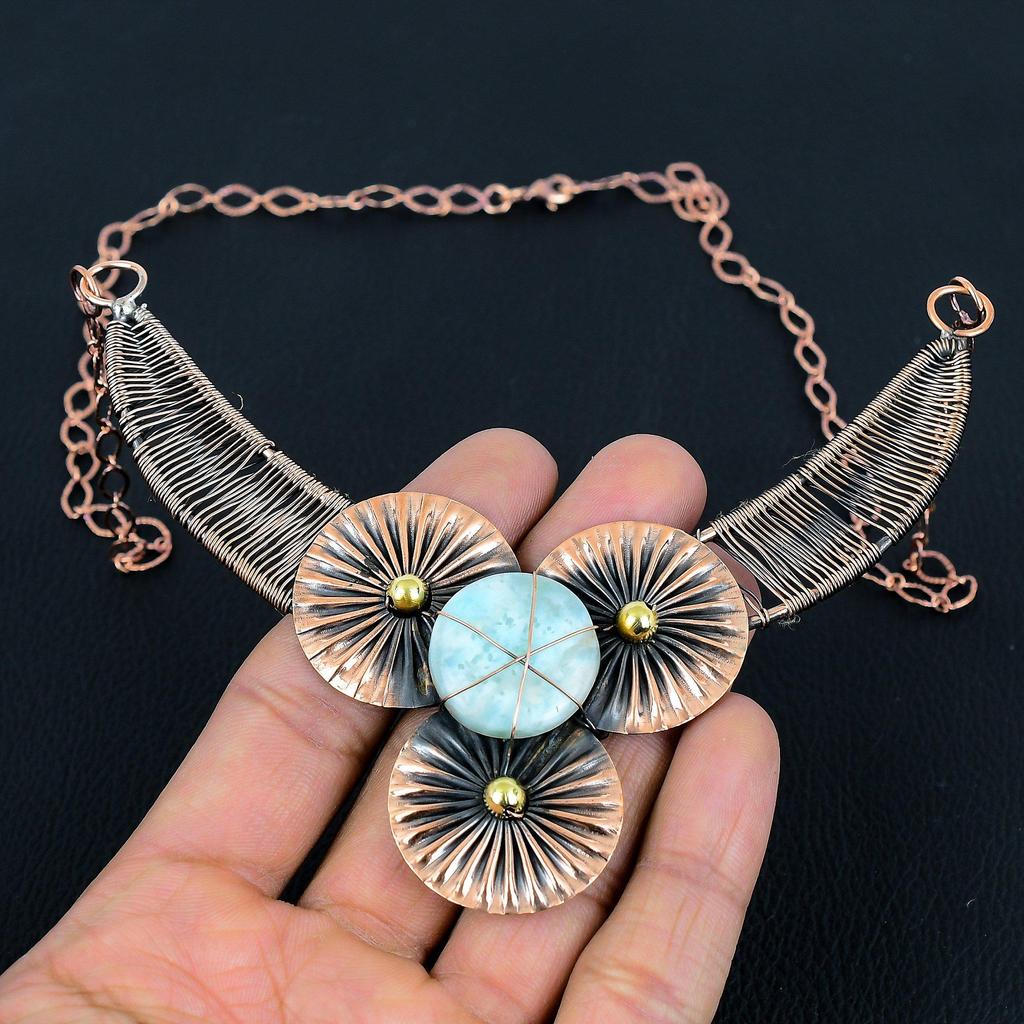 Glamorous Larimar Gemstone Handmade Pure Copper Wire Wrap Jewelry Necklace