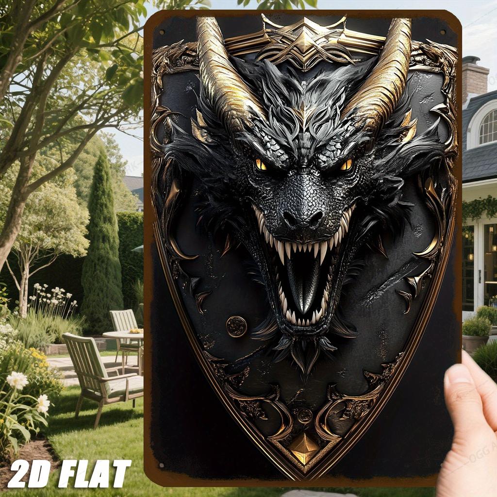 pc Vintage Dragon Shield Metal Tin Sign xin Fantasy Wall Art Gold Accents Predrilled Easy Home Decor