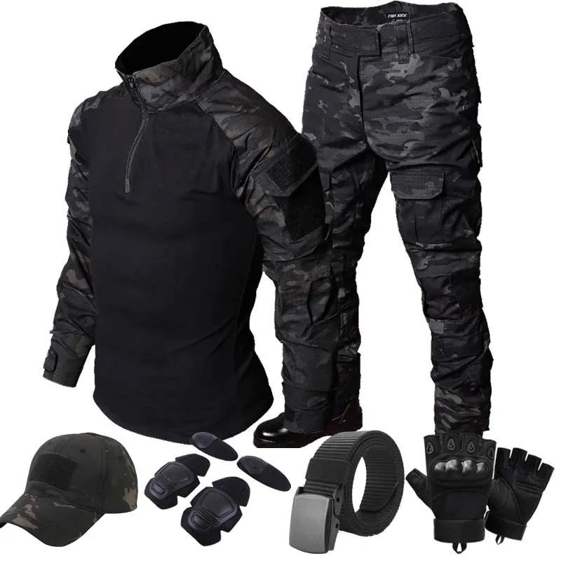 Černé Camo Tréninkové Sety s 1/4 Zipem Bojové Topy Taktické Obleky Turistické Kalhoty Pánské Odolné Košile Více Kapsami Odolné proti Opotřebení