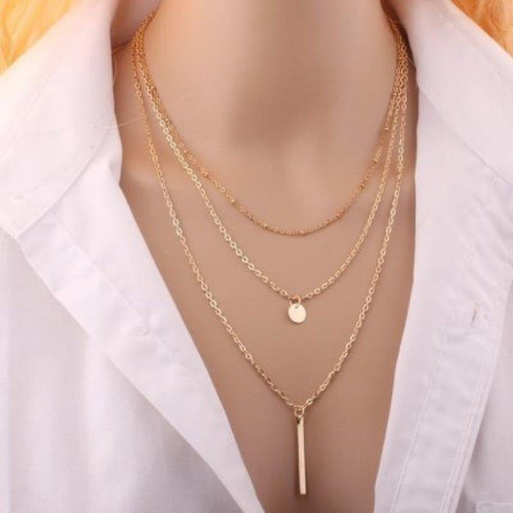 Three-line stick round pendant necklace in gold and silver