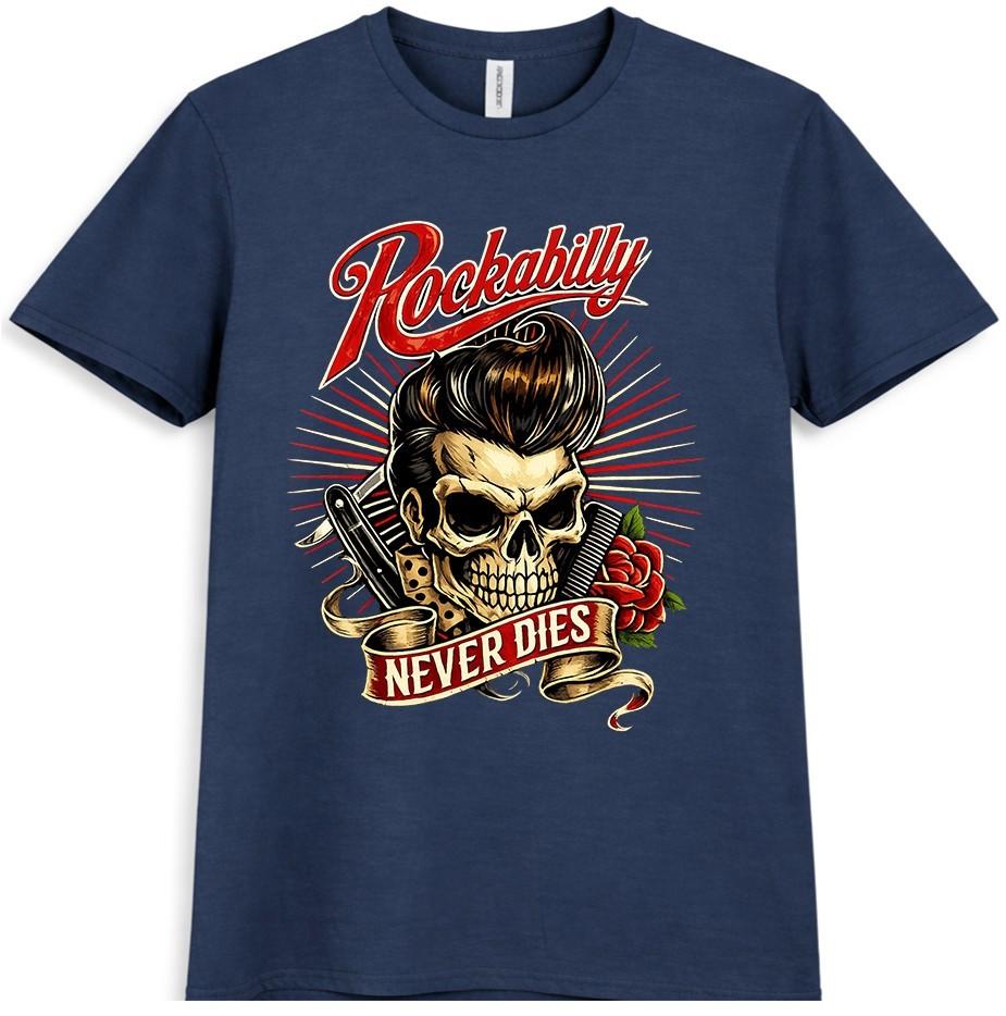 Rockabilly Never Dies Skull T Shirt Vintage Retro Rock and Roll Graphic Tee