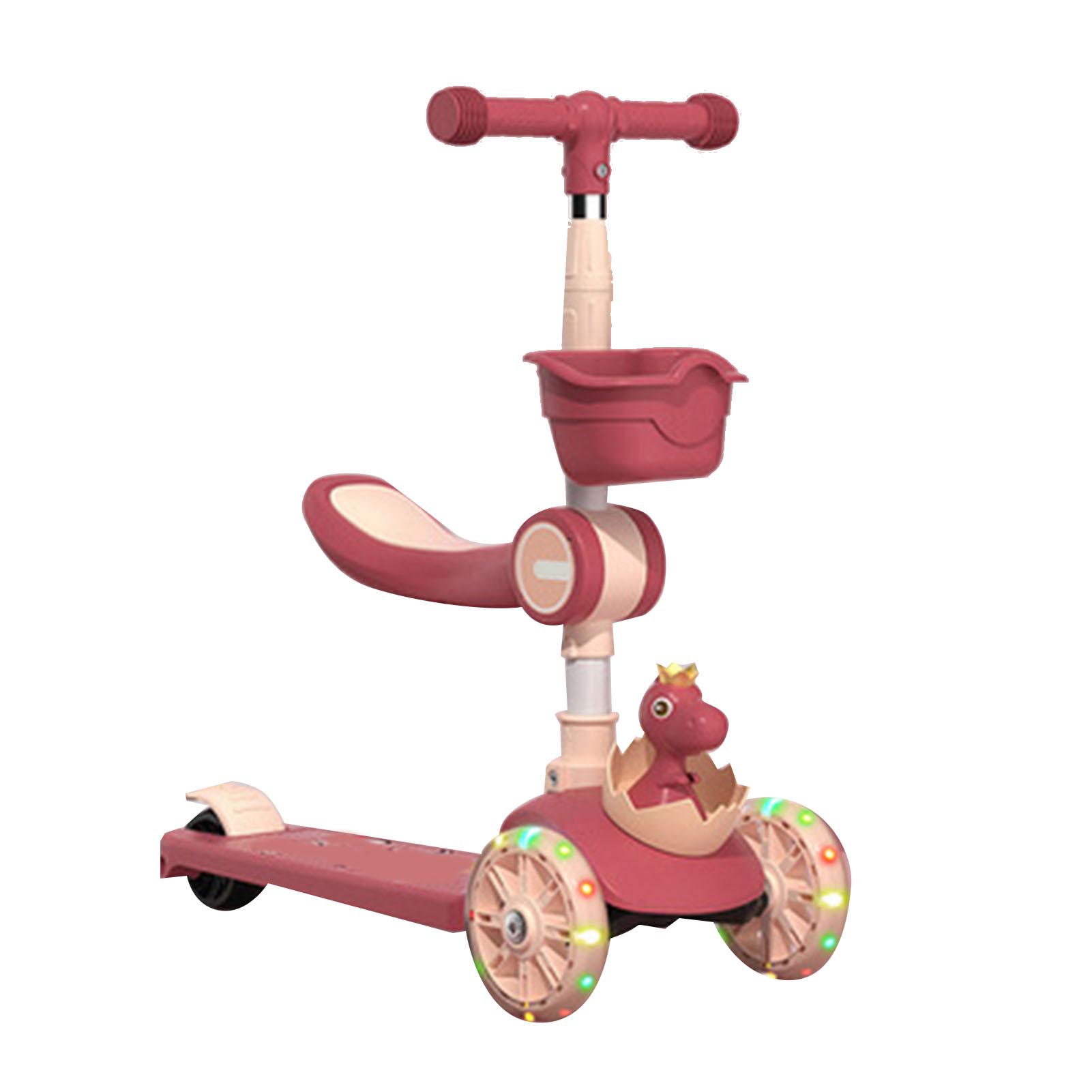 3 In1 Kids Kick Scooter Folding Adjustable Height 3 Wheeled Push Scooter with Seat Flash Wheel for Boys Girls Pink