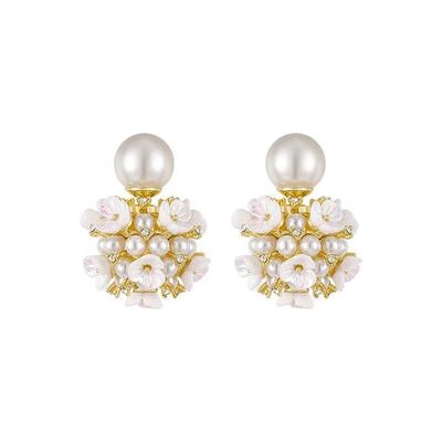 Latest Sweet Romantic Elegant White Flower Hoop Earrings | Stylish Shell Resin Delicate Pearl Flower Zircon Earrings | Trendy Versatile Jewellery