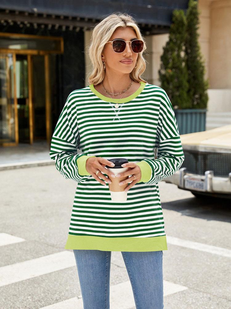 Elegant and Fashionable Autumn and Winter Comfortable Round Neck Striped Splicing Open Loose Long-sleeved Sweater Jacket Pullover Shirt Hoodies