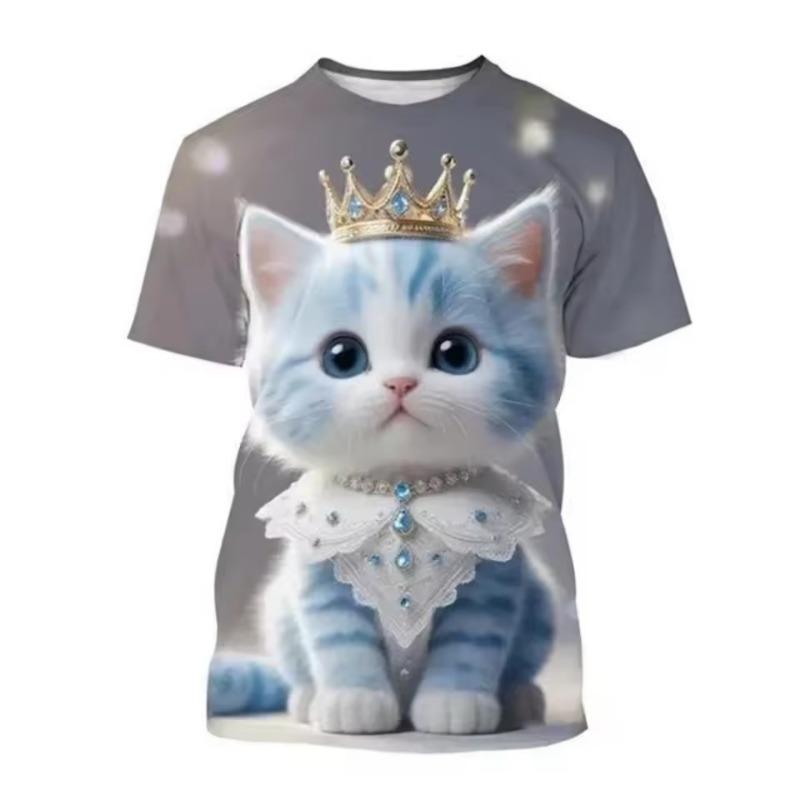 Fashion Korean Kids Clothes Cute Cat Print Tees Children's T-Shirt Girls Summer Clothes Kawaii Crew Neck Junior Girls' Clothing