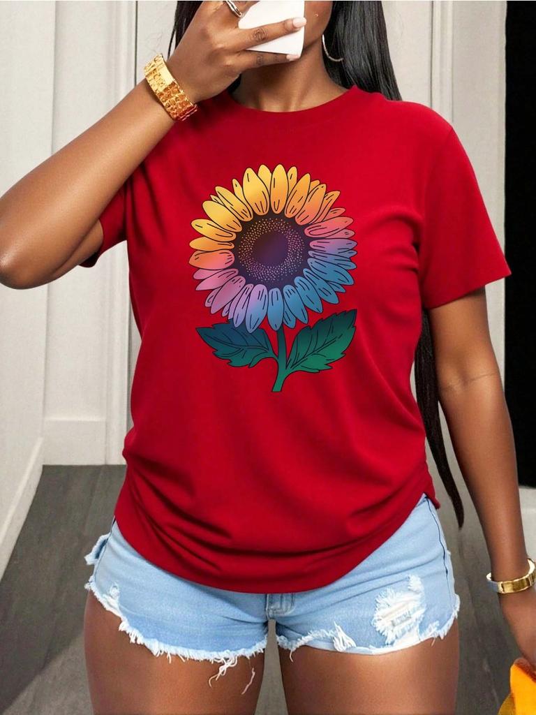 Artistic And Stylish Look Women 100% Cotton T-shirt Plus Size Gradient Sunflower Graphic Tee