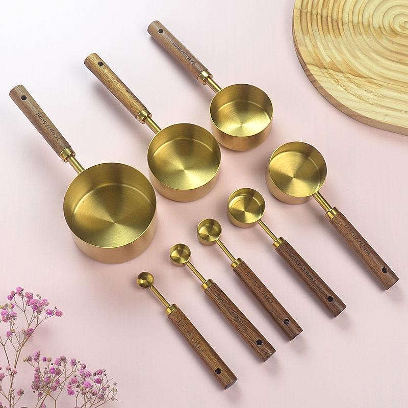 Gold & Black Stainless Steel Measuring Cups and Spoons with Wooden Handles and Scale - Multifunctional Baking & Coffee Spoon Set