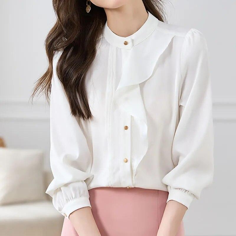 Fashion Chiffon Blouse Women Ruffles French Long Sleeve Womens Shirts Button Up Elegant Female Clothing Office Tops 29463