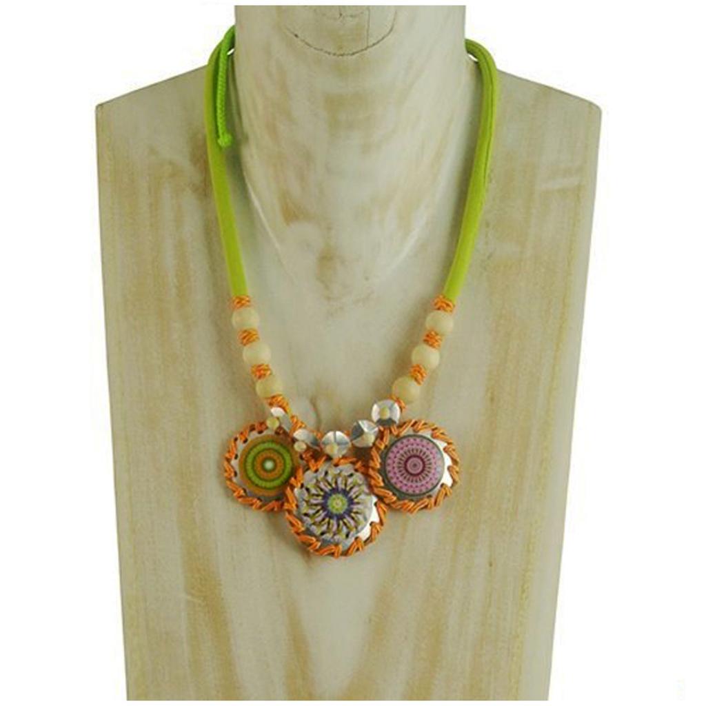 Les Trésors De Lily [R4309] - Collier artisanal 'Mistinguette' vert orange argenté - 11x4 cm (mandala)