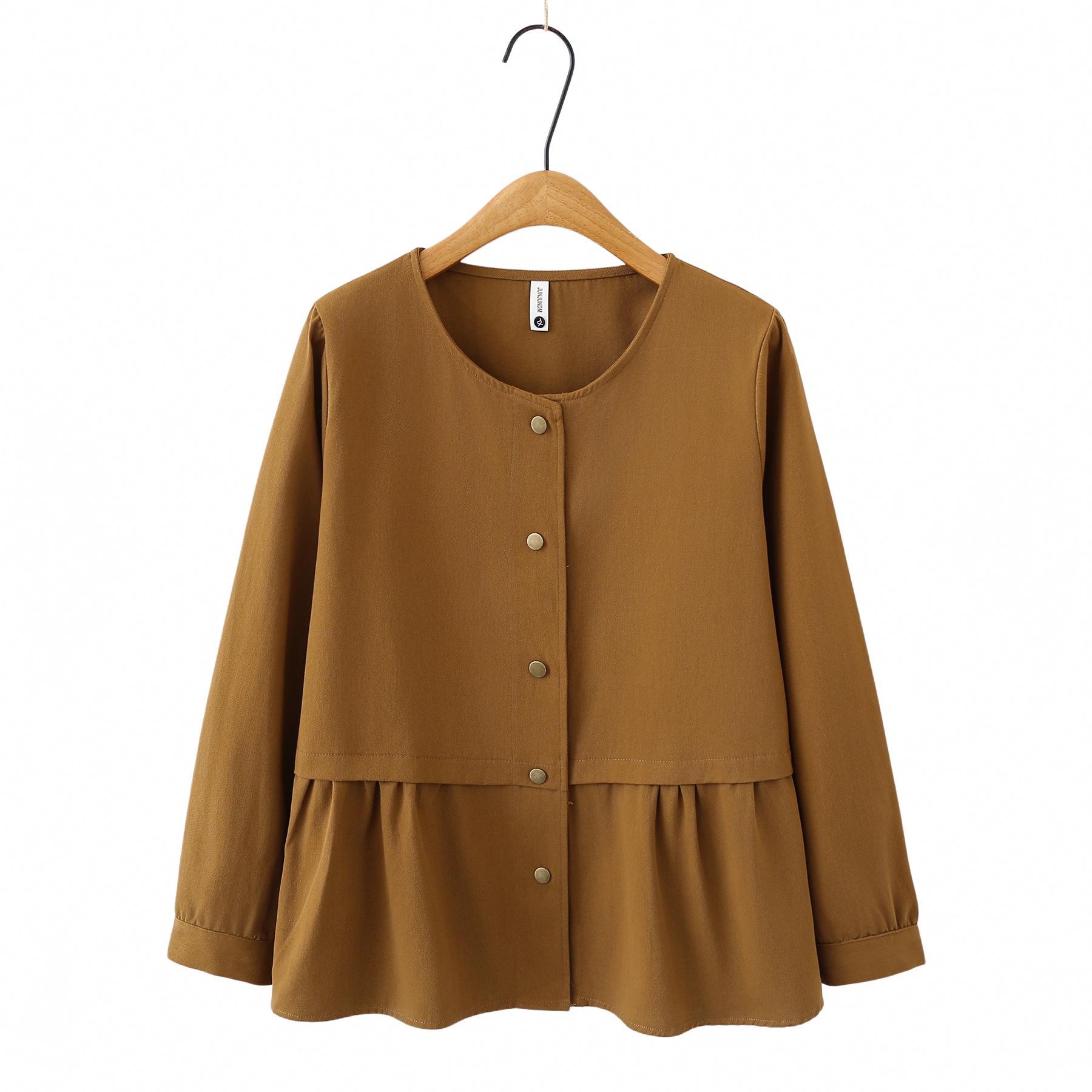

2026 Spring Women s Plus Size Long Sleeve Pleated Hem Cardigan Top, Round Neck Twill Gauze Jacket 220 2XL кавовий