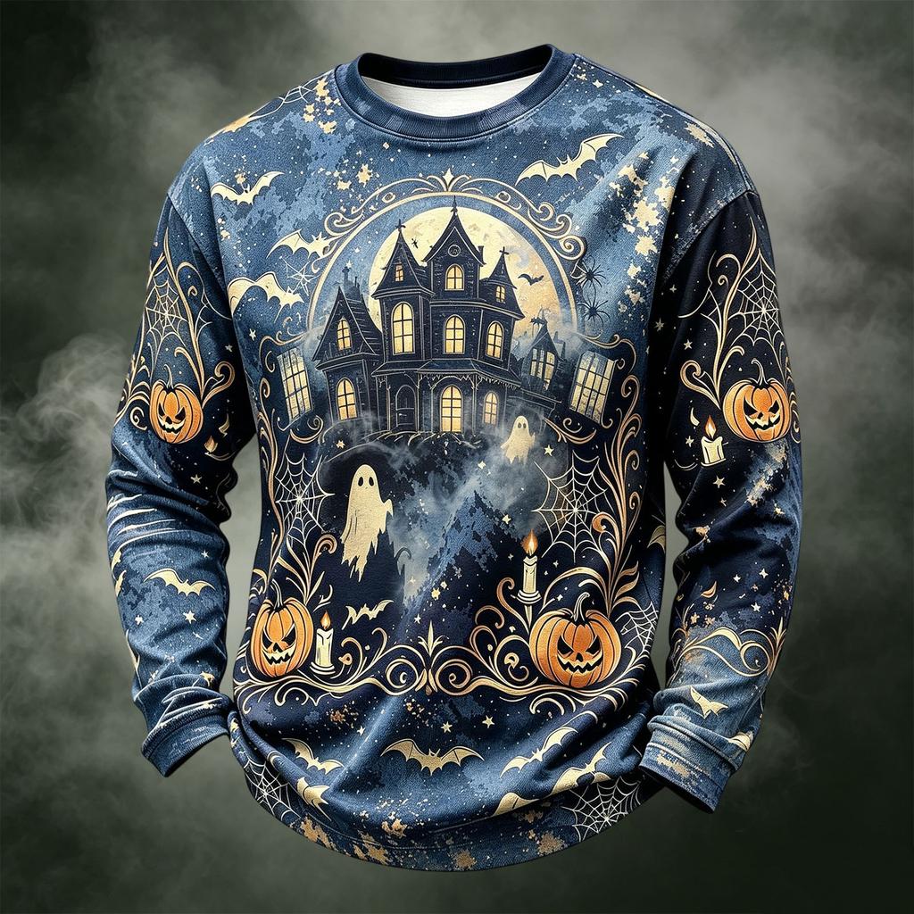 Men's Casual Long Sleeve Crewneck Halloween Print Top