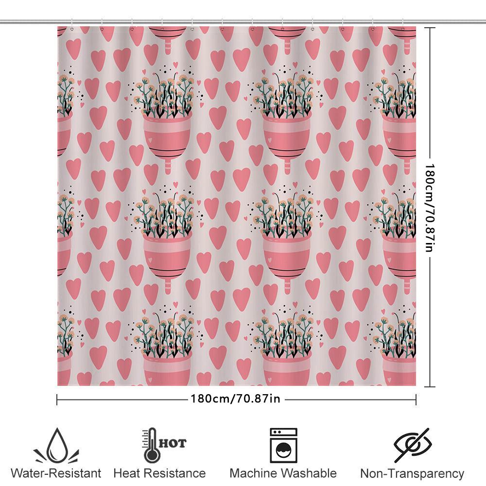 Bathroom Decor: Pink And White Flower Shower Curtain With Heart Pattern Durable Waterproof Fabric For Home Bathroom Accessories