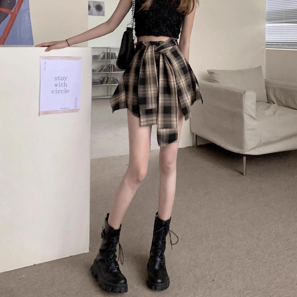 Women's Summer Retro High-Waist Irregular Plaid Midi Skirt with Faux Two-Piece Shorts