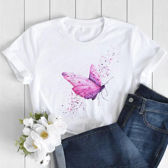Butterfly Love Heart Print T Shirt Women Fashion Black T Shirt Female Short Sleeve Cute Graphic Tee Shirts Ladies Summer Tops