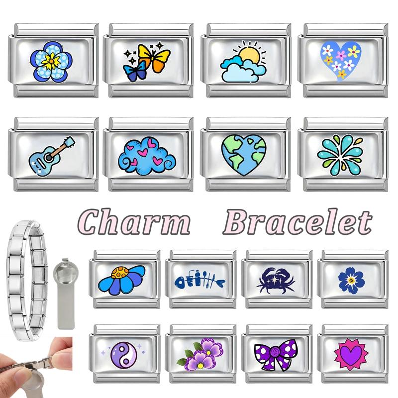 Y2K Dreamy Blue Purple Butterfly Tai Chi Flower Crab Bow Italian Charm Links Fit 9mm Stainless Steel Bracelet DIY Making Jewelry