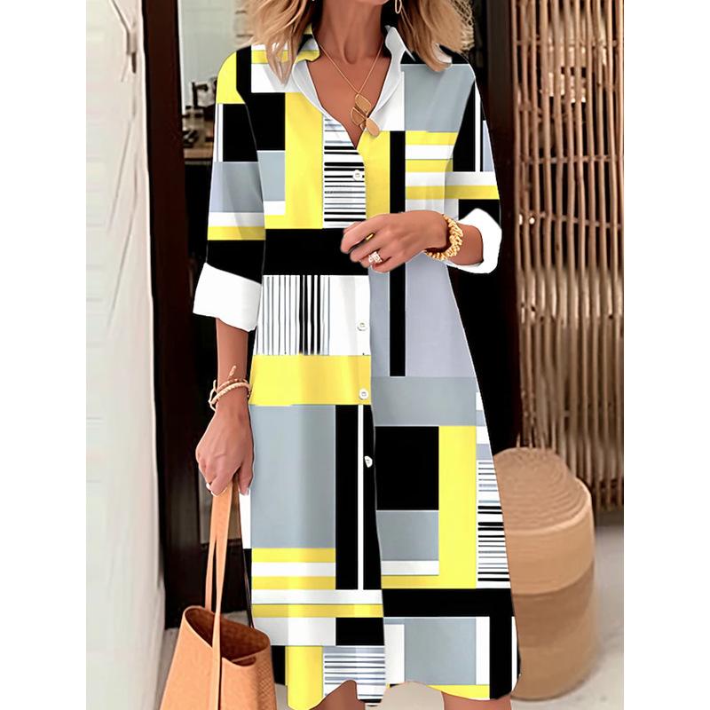 

Женское клетчатое платье-рубашка с принтом, элегантное повседневное платье с длинным рукавом и пуговицами, свободное платье, женская одежда, осенний новый халат 5XL