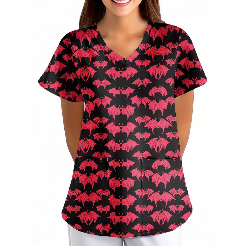 Women's Halloween Printed Loose V-Neck Pocket Short SleevUniform  Uniform