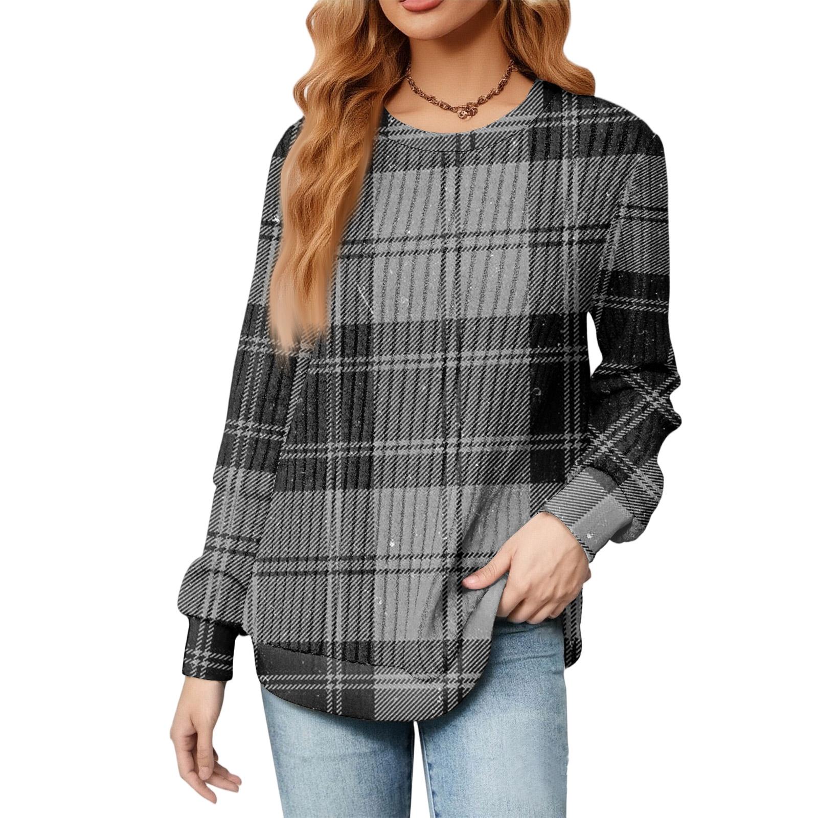 

Модный женский легкий свитер с длинными рукавами, в клетку, полоску, с принтом, с круглым вырезом XL коричневый