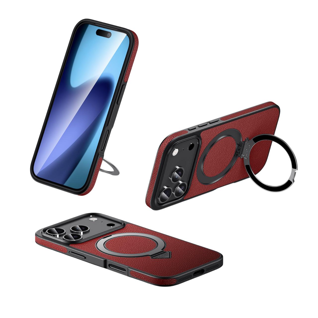 For iPhone 17 Pro Max Case Compatible with MagSafe Genuine Cow Leather+PC Kickstand Phone Cover B