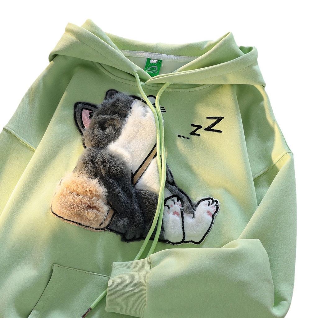 Japanese retro sleepy school ragdoll cat flocked hooded sweater men and women chic different couple coat