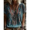 Damen Vintage Stilvolles Lässiges V-Ausschnitt Kurzarm Langes T-Shirt Blumige Pflanzen Grafikdruck Tägliches Wochenend Oberteil für Frühling Sommer