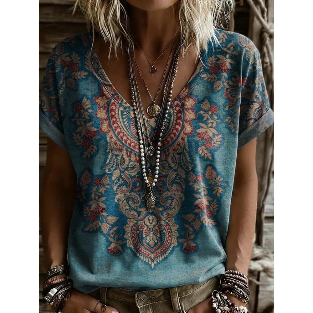 

Women s Vintage Stylish Casual V Neck Short Sleeve Long T-Shirt Floral Plants Graphic Print Daily Weekend Top for Spring Summer S