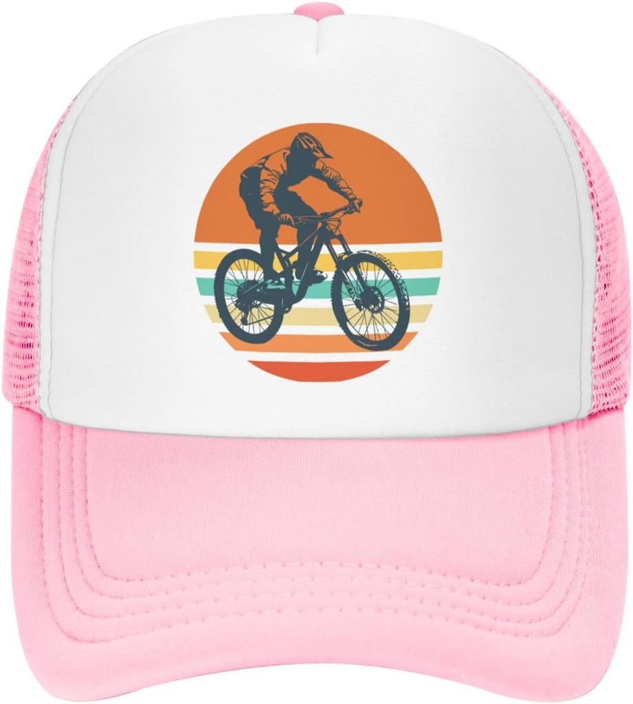 Mountain Biking Sunset Graphic Trucker Hat Polyester Outdoor Adjustable Snapback Cap for Men Women