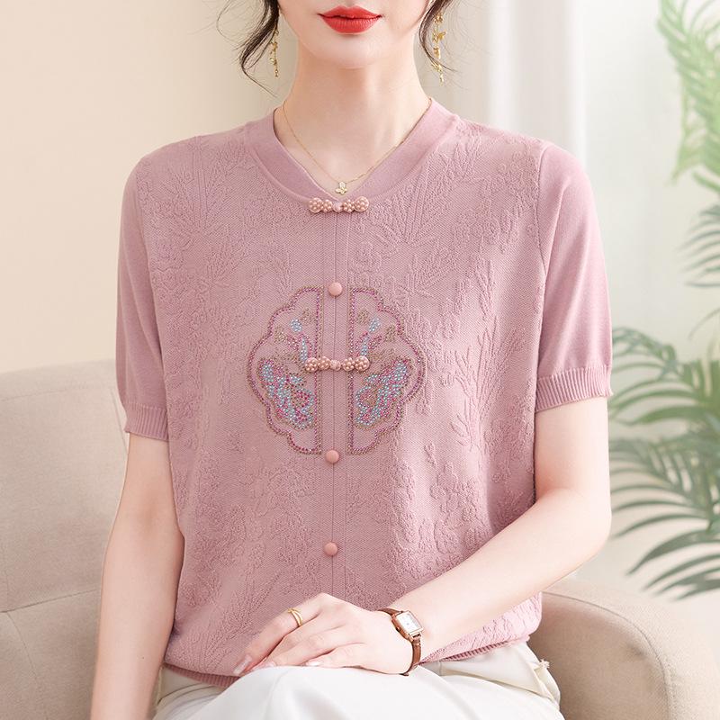 Mom's Stylish 2026 Summer Ice Silk Short-Sleeve Top - Chinese Style Knit T-Shirt for Middle-Aged & Elderly Women