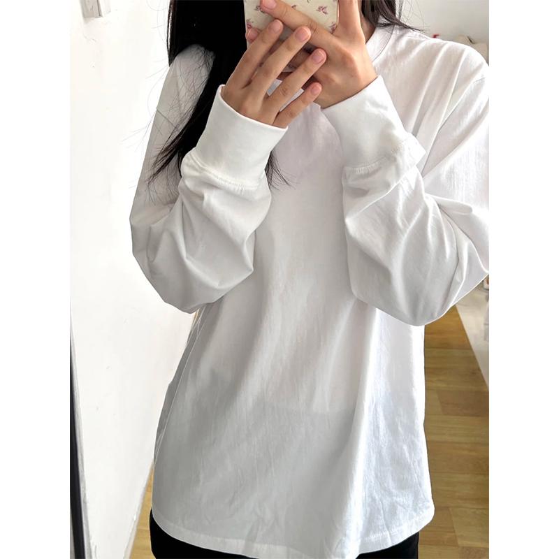 Women's Round Neck Long Sleeve Loose T-Shirt - White, Basic Layer, Japanese Korean Style, Casual Wear for Spring, Autumn, Winter. Free Shipping.