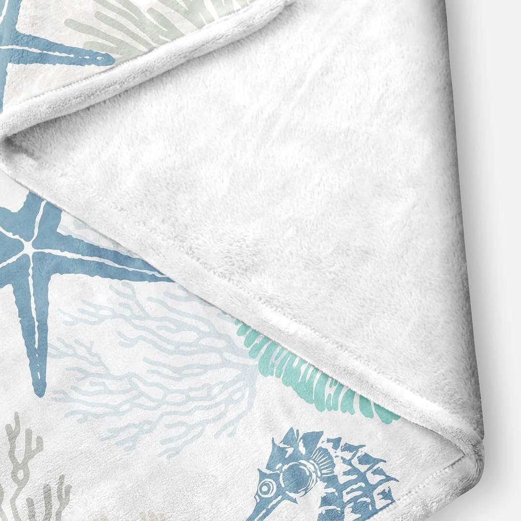 Beach Ocean Throw Blanket, Nautical Coastal Throw Blanket, Summer Blue and Teal Soft Fuzzy Blanket, Ocean Animal Theme Decor for Couch Bed Sofa