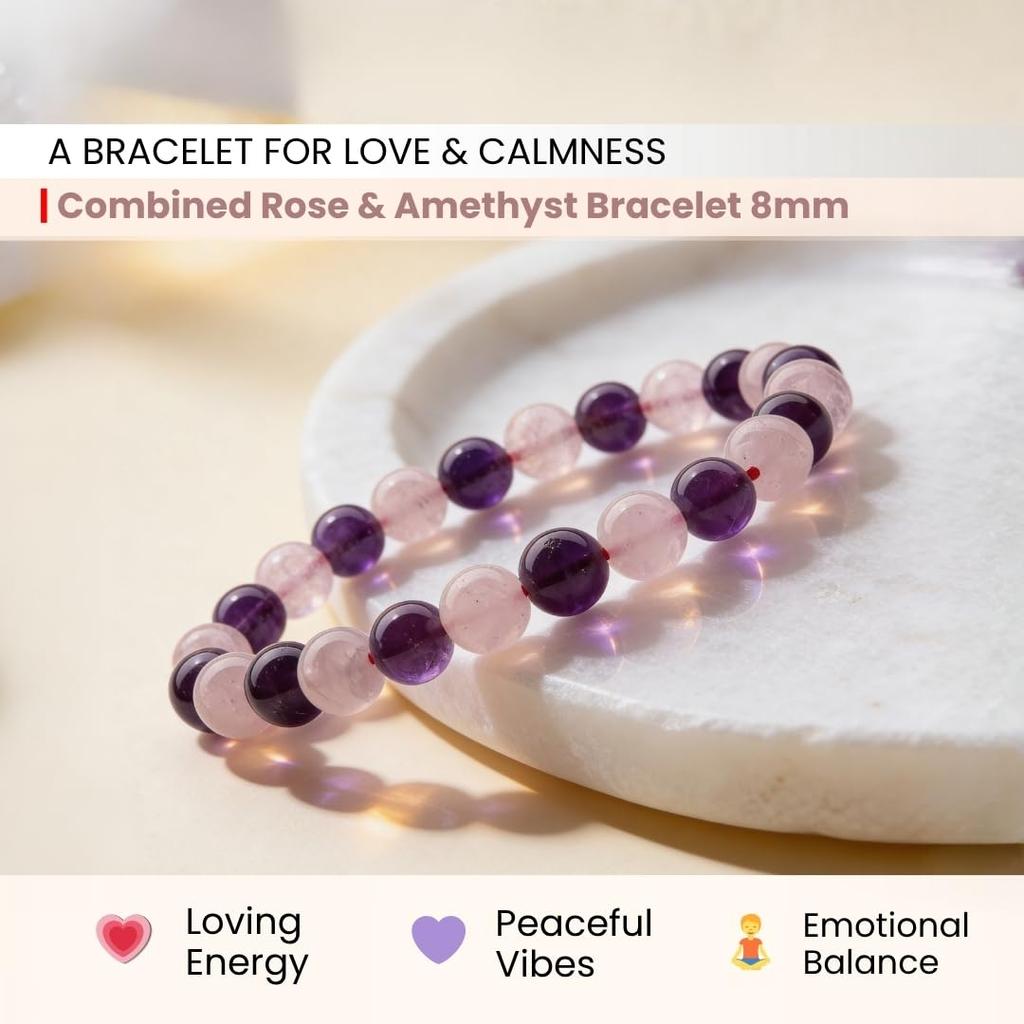 Plus Value Combined Rose & Amethyst Bracelet Pink & Purple for Mind Healing & Love | Stylish Charm Crystal Bracelet for Men Women Boys and Girls