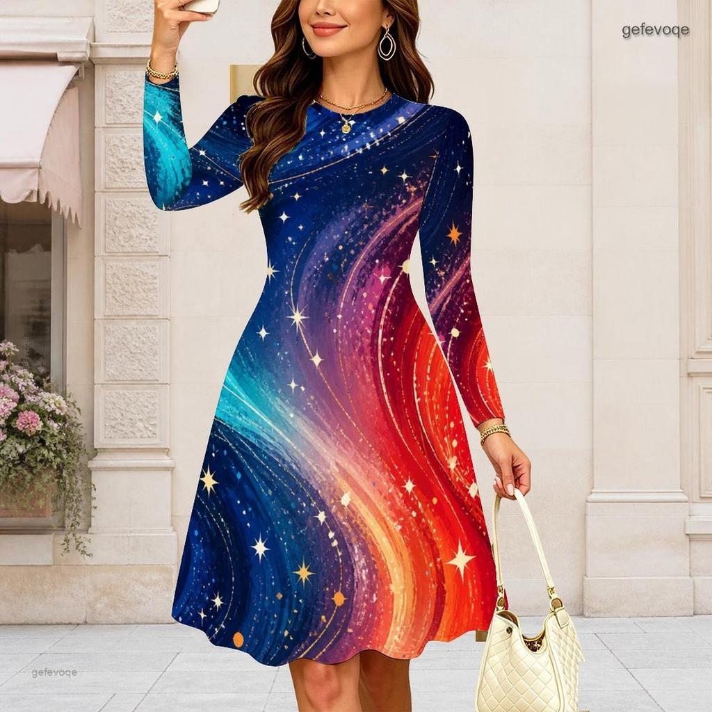 Women Plus Size Round Neck Long Sleeve Swing Midi Dress Space Galaxy Golden Textured Heart Print High Waist Dress