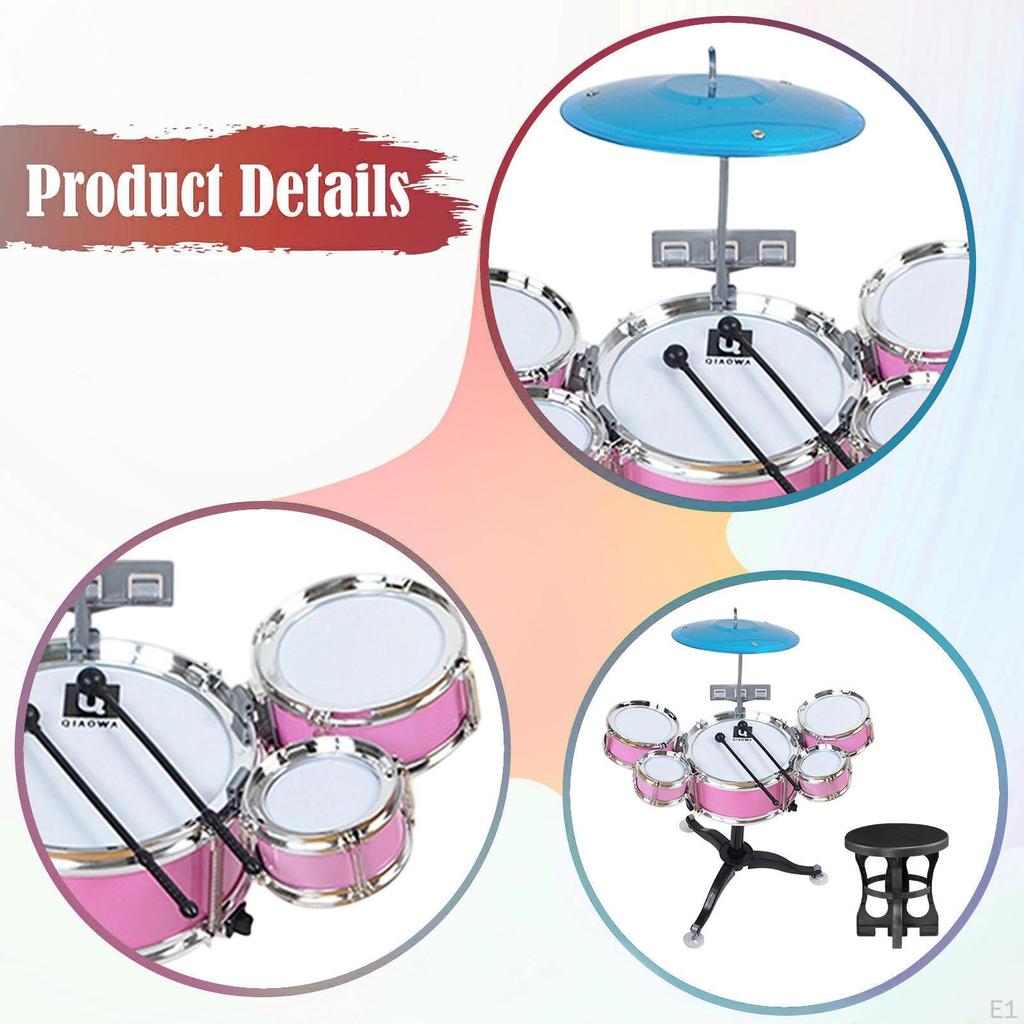 Kids Drum Set Beginners Ages 3-6 for Boys Girls with Drumsticks 5 Drums Playing Rhythm Beat Toy