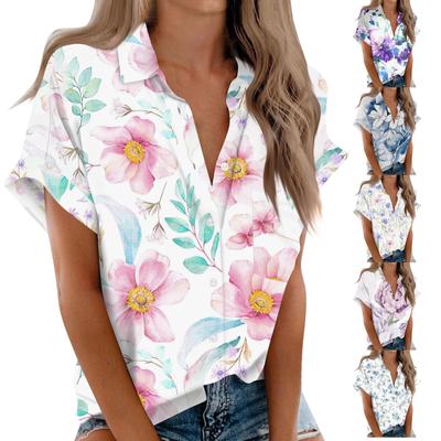 Camisa feminina de manga curta, blusa com botão estampado na moda diária, cardigã com bolso no peito