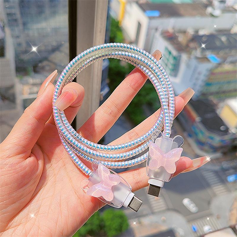 Data Line Bite Accessories for IPhone 18/20w Pink Crystal Butterfly Iphone Cable Protector Protective Cable Cover RXQ06