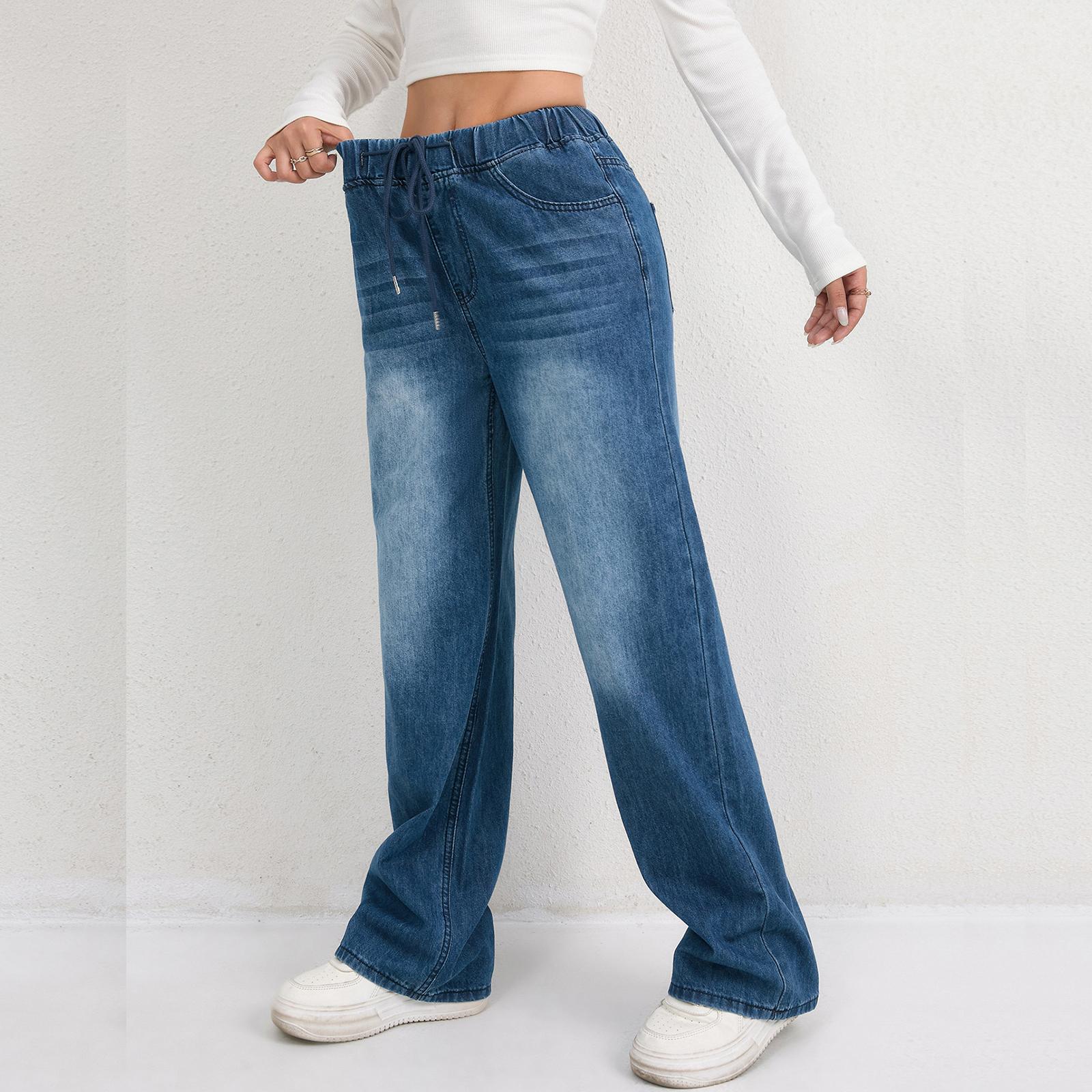 

Women s Trousers Large Size Stretch Jeans Loose Semi-Elastic Pants L синий
