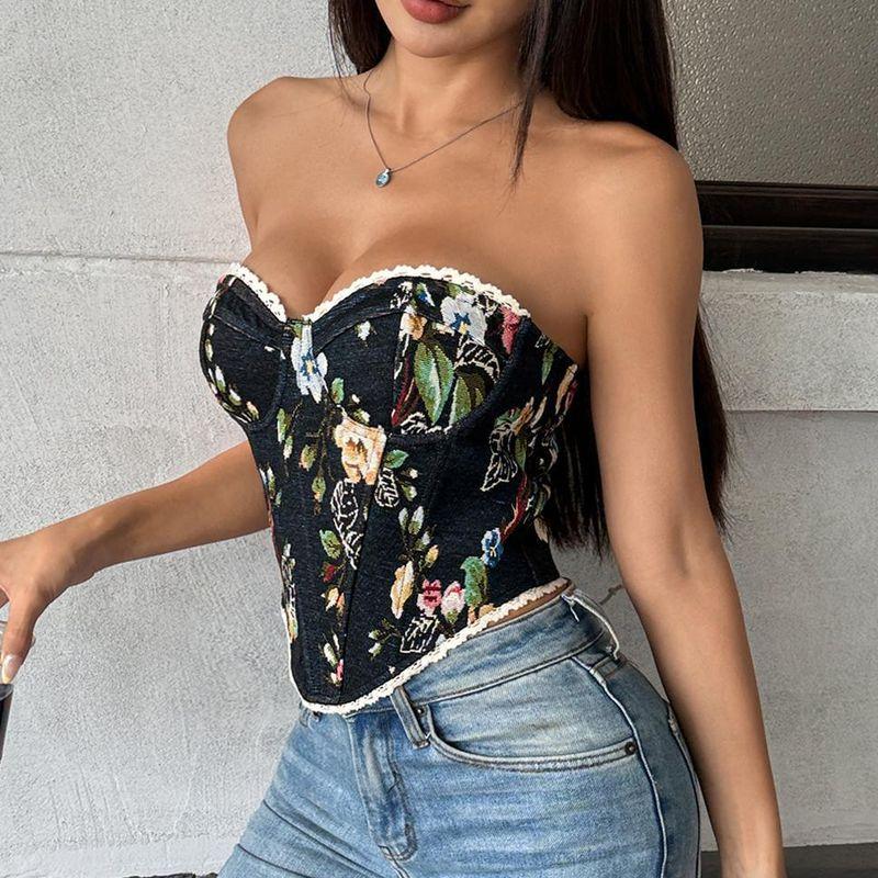 

Lace Tie Sexy Slim Fit Strapless Flounce Trim Lace up Sexy Rhombus Silm Tube Top Black M